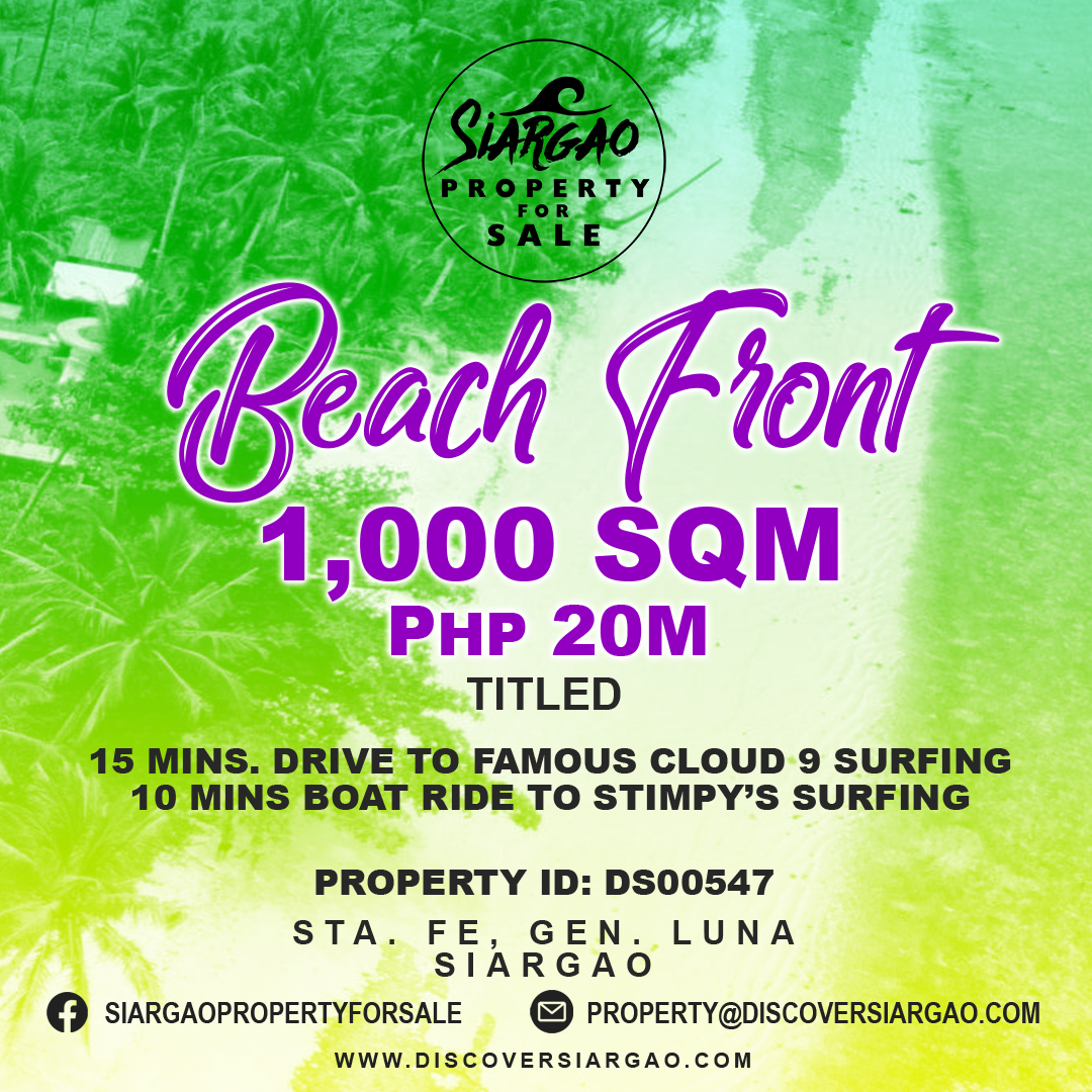 1,000 SQM white sand beach front For Sale in gl siargao